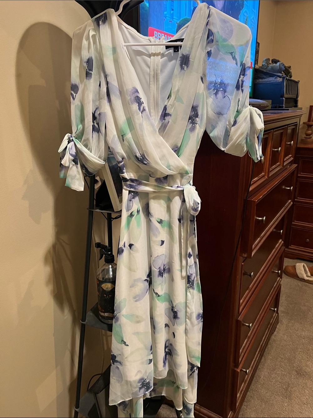 DKNY White Floral Wrap Midi Dress with Blue and Mint Accents